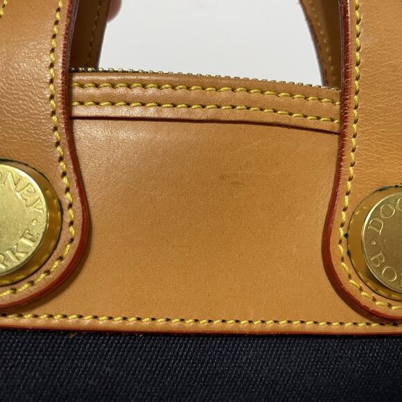 Vintage Dooney & Bourke Cabriolet Bag Navy Canvas Tan Leather Domed USA Satchel - Picture 11 of 16